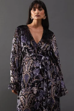 Burnout Velvet Plunge Neck Flared Sleeve Belted Maxi Dress