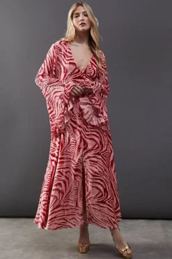 Burnout Velvet Plunge Neck Flared Sleeve Belted Maxi Dress