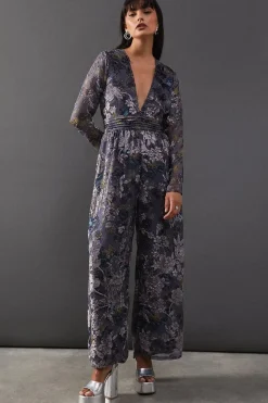 Burnout Velvet Plunge Neck Waisted Jumpsuit
