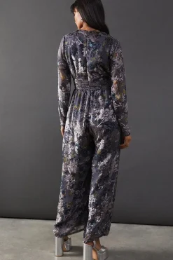 Burnout Velvet Plunge Neck Waisted Jumpsuit