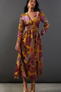 Burnout Velvet Plunge Neck Waisted Midi Dress