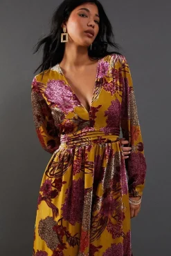 Burnout Velvet Plunge Neck Waisted Midi Dress
