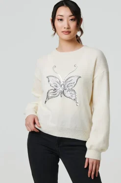 Butterfly Embellished Puff Sleeve Jumper