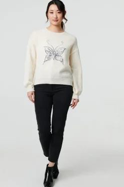 Butterfly Embellished Puff Sleeve Jumper
