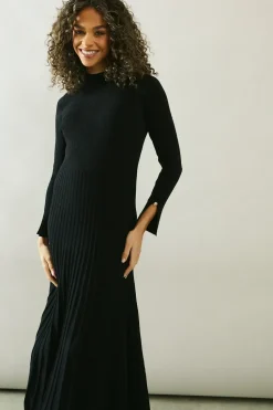 Button Cuff Detail High Neck Pleated Knitted Midaxi Dress