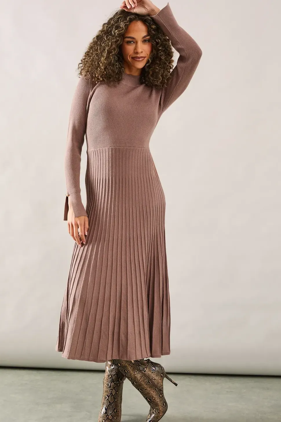 Button Cuff Detail High Neck Pleated Knitted Midaxi Dress