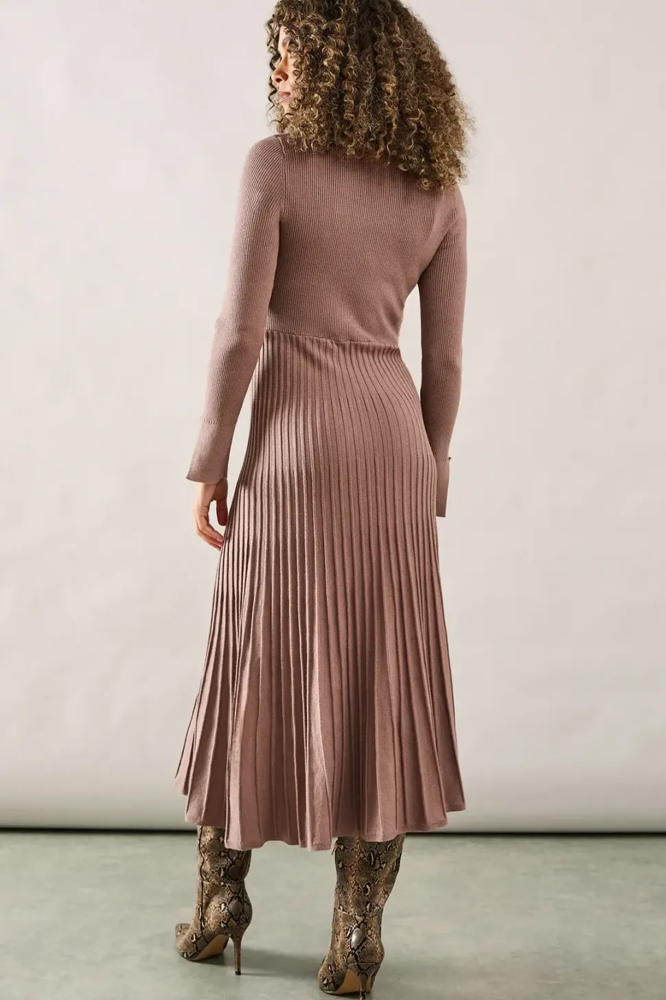 Button Cuff Detail High Neck Pleated Knitted Midaxi Dress