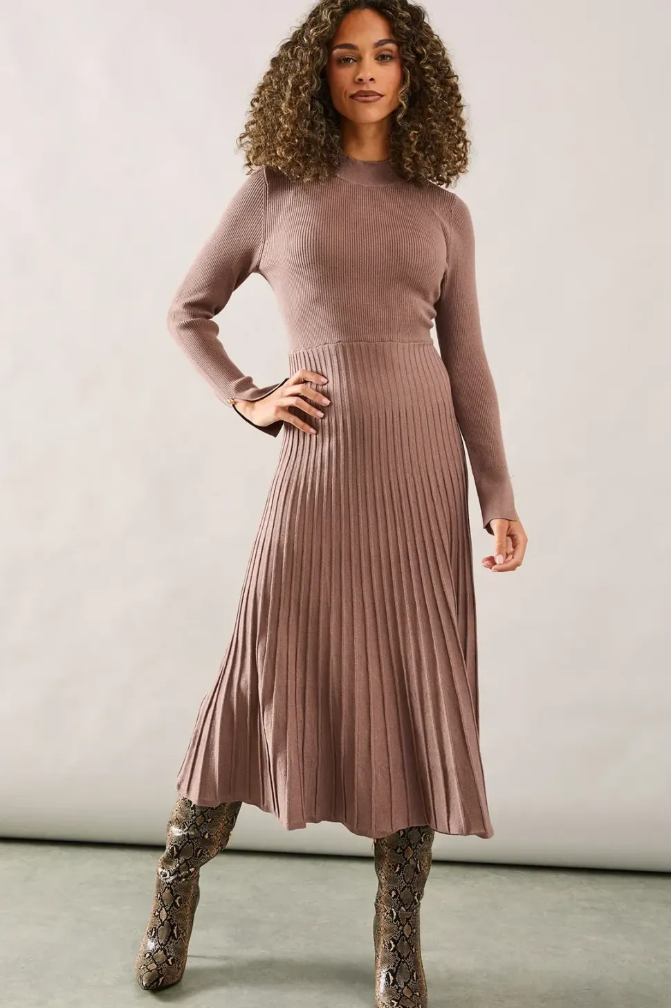 Button Cuff Detail High Neck Pleated Knitted Midaxi Dress
