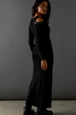 Button Detail Cold Shoulder Ribbed Midaxi Dress