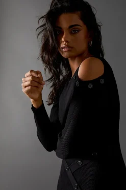 Button Detail Cold Shoulder Ribbed Midaxi Dress