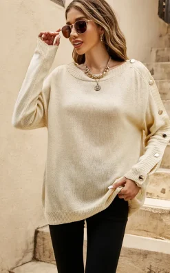 Button Detail Comfy Jumper Top In Beige
