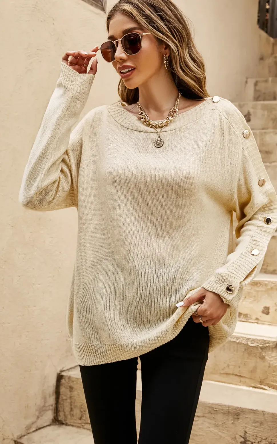 Button Detail Comfy Jumper Top In Beige