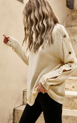 Button Detail Comfy Jumper Top In Beige