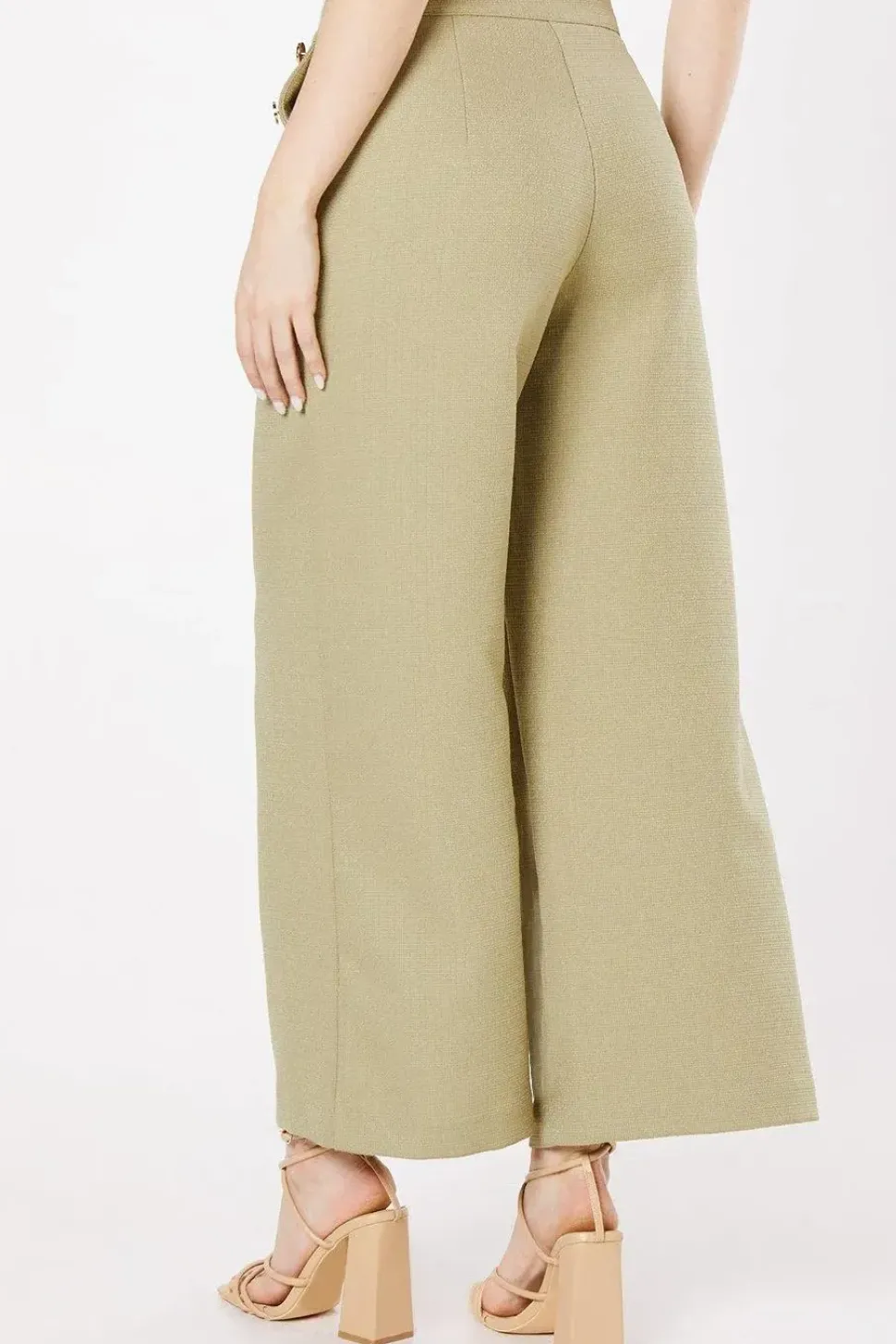 Button Detail Crop Wide Leg Textured Trouser