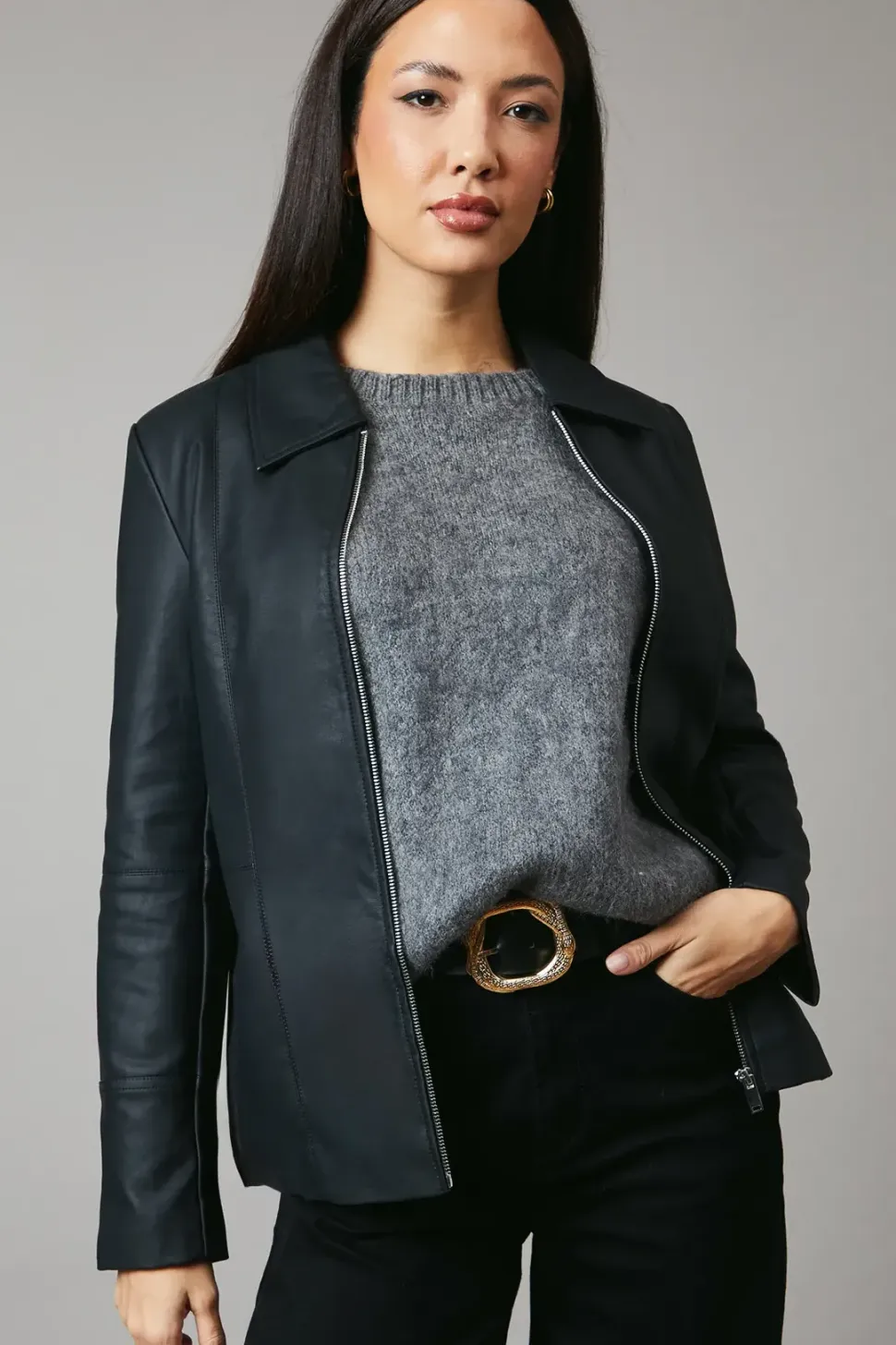 Button Detail Faux Leather Jacket