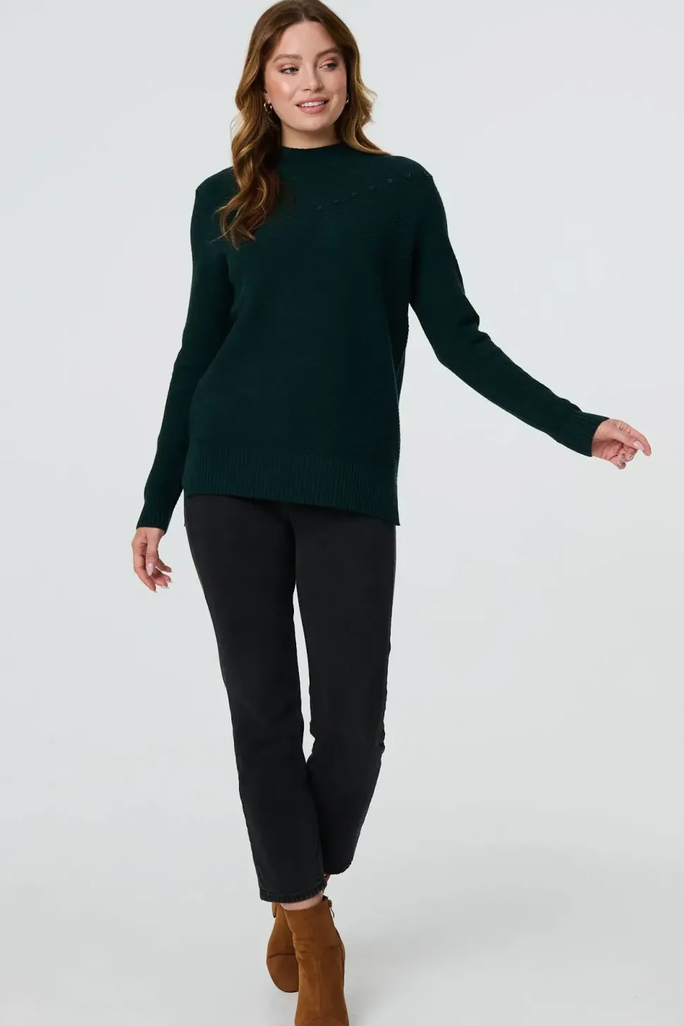 Button Detail High Neck Knit Jumper