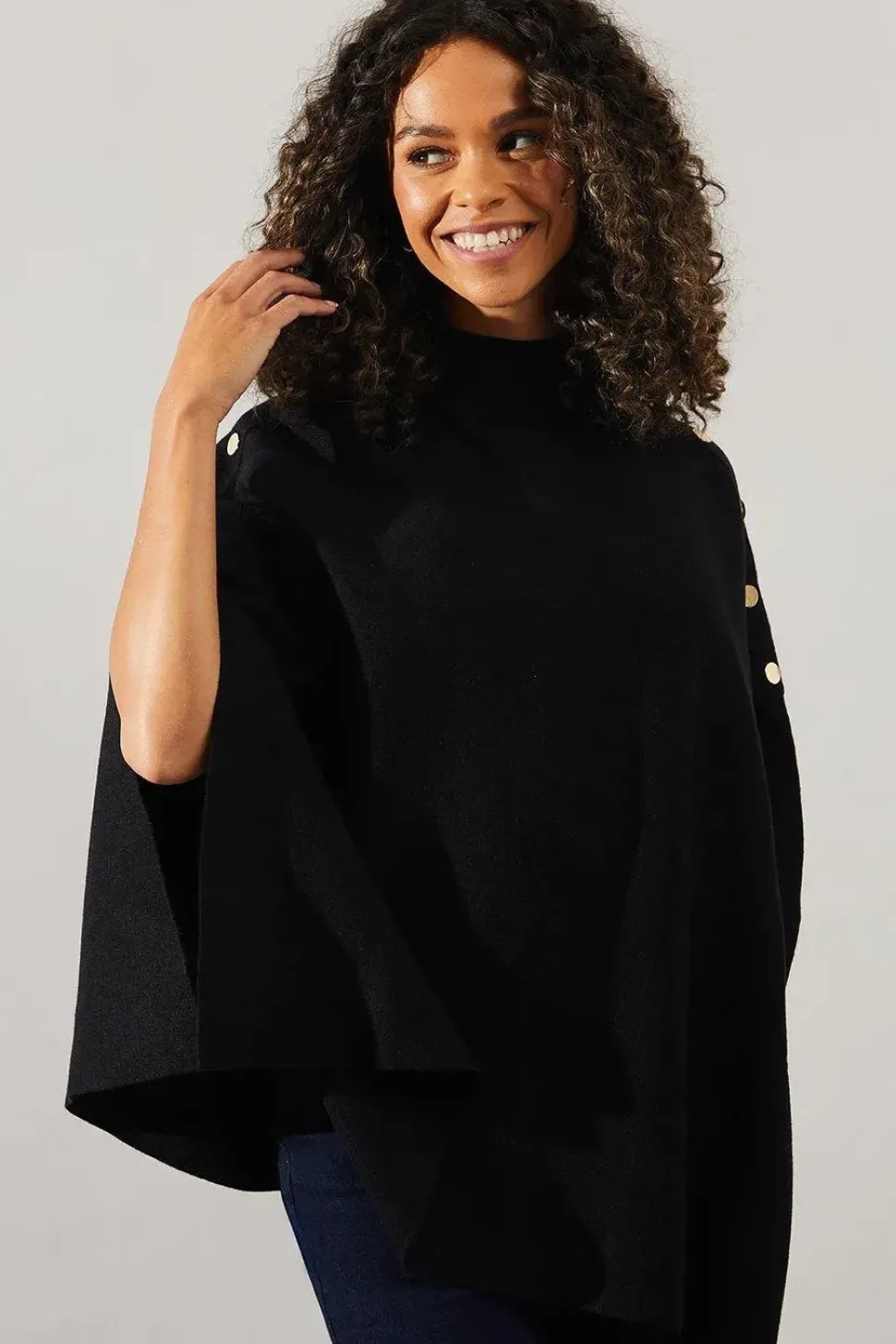 Button Detail High Neck Knitted Poncho Jumper