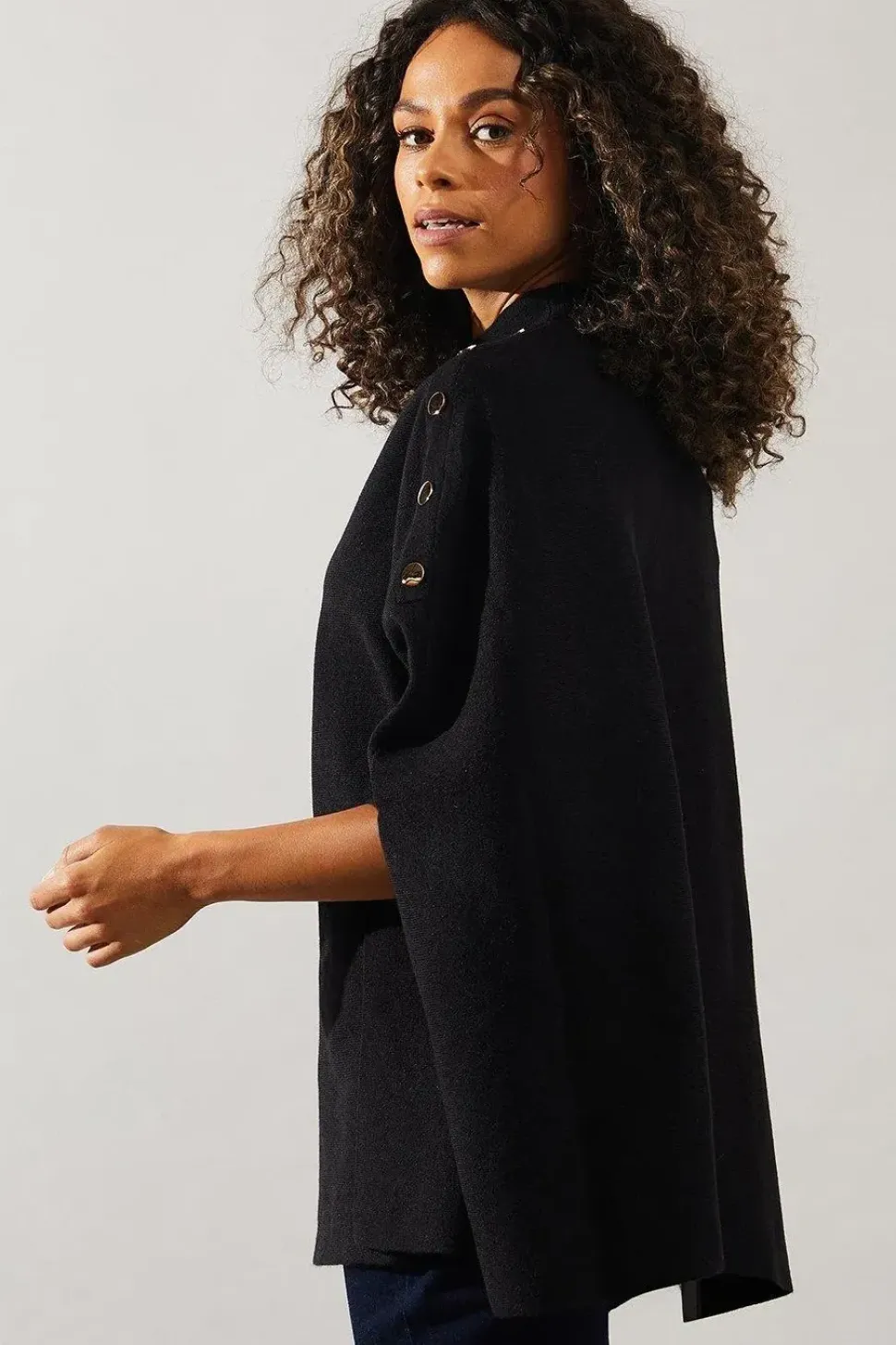 Button Detail High Neck Knitted Poncho Jumper