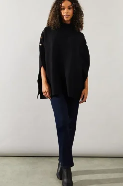 Button Detail High Neck Knitted Poncho Jumper