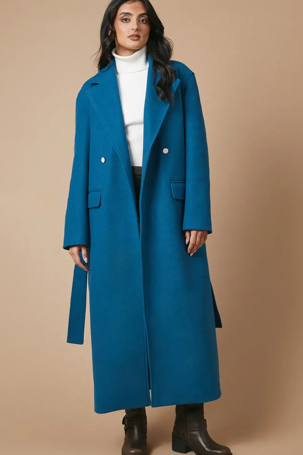 Button Detail Maxi Belted Wrap Coat