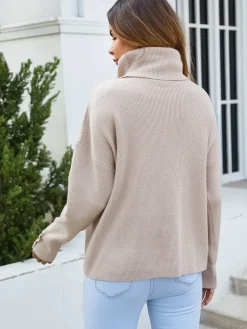 Button Detail On Sleeve Jumper Top With High Neck In Beige