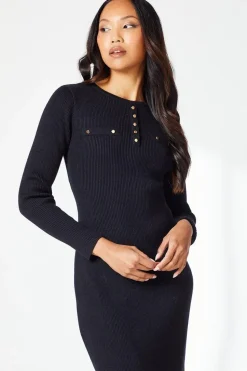 Button Detail Rib Knitted Midi Dress