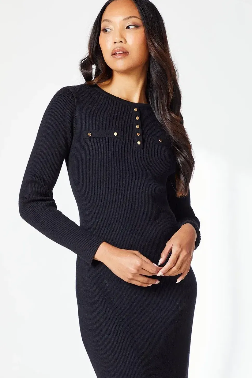 Button Detail Rib Knitted Midi Dress