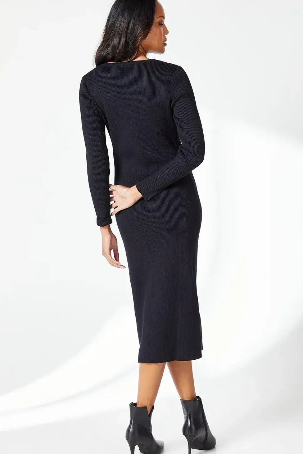 Button Detail Rib Knitted Midi Dress