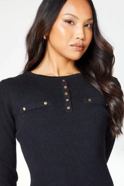 Button Detail Rib Knitted Midi Dress