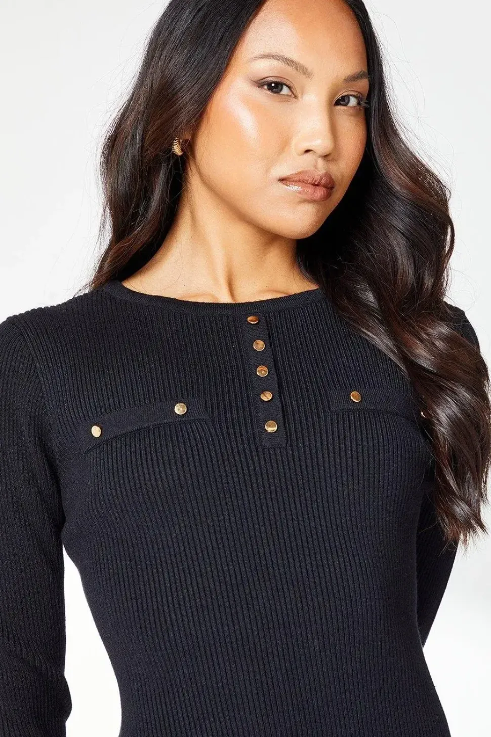 Button Detail Rib Knitted Midi Dress