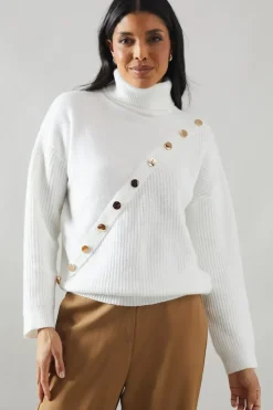Button Detail Roll Neck Knitted Jumper