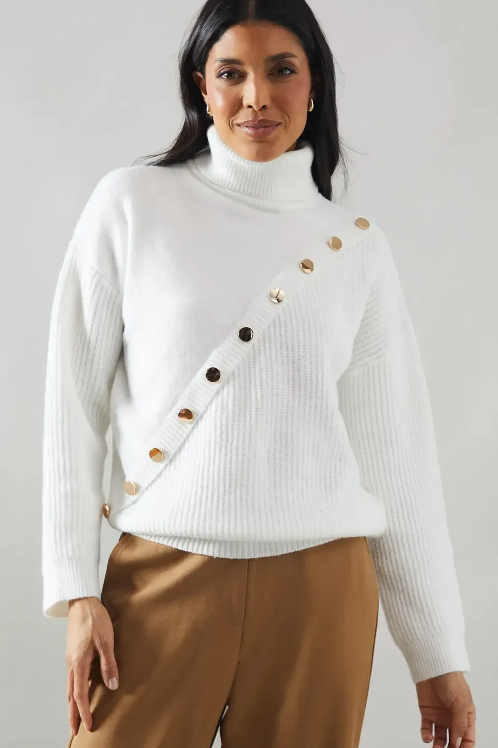 Button Detail Roll Neck Knitted Jumper