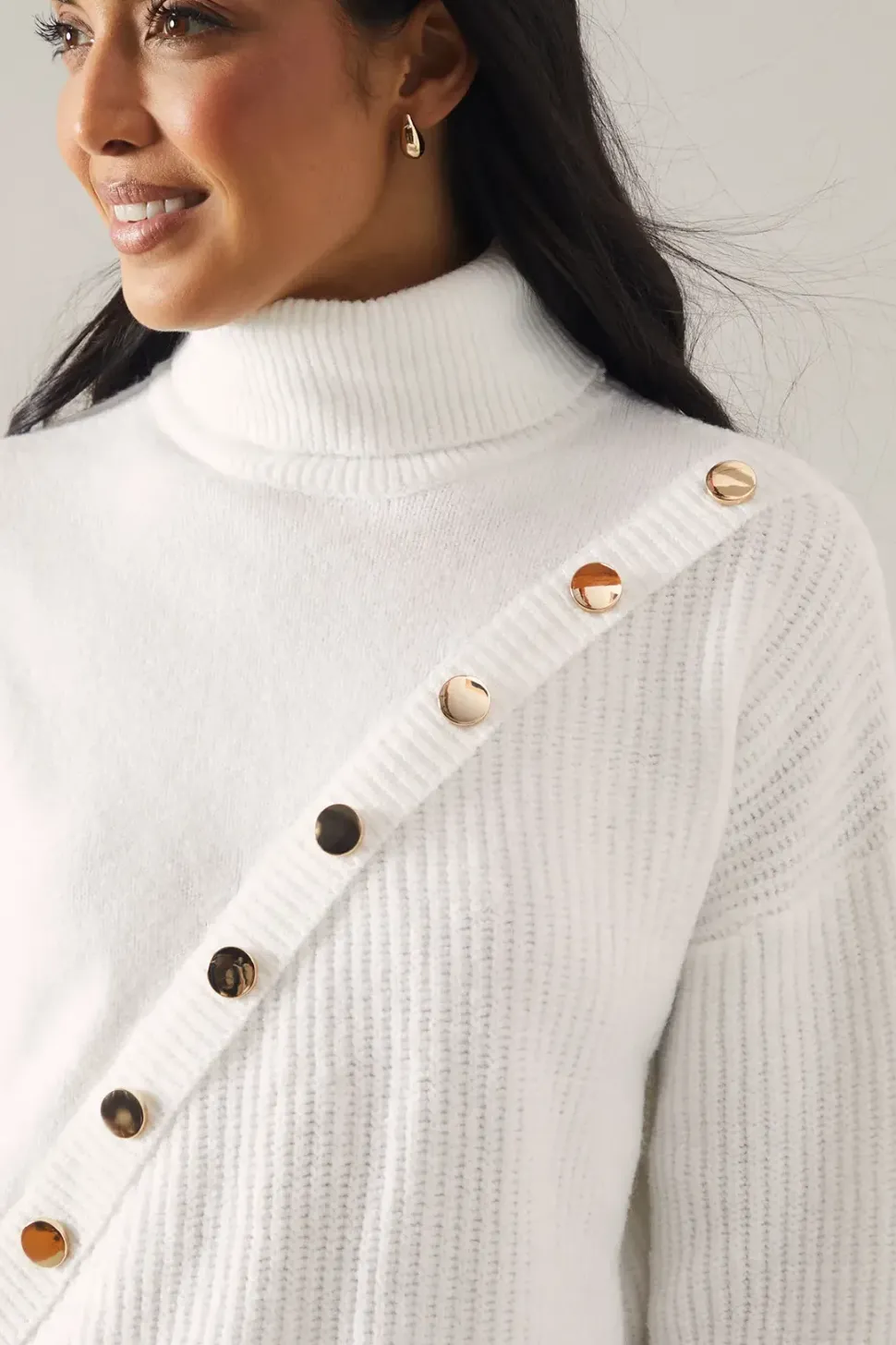 Button Detail Roll Neck Knitted Jumper