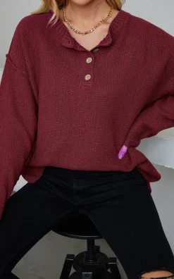 Button Detail Round Neck Sweater Jumper Top In Wine