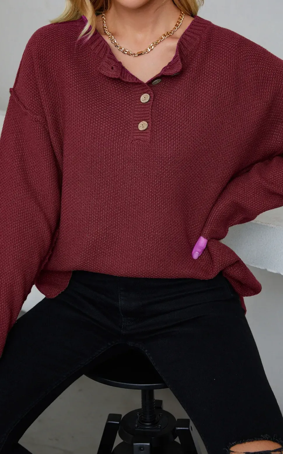 Button Detail Round Neck Sweater Jumper Top In Wine