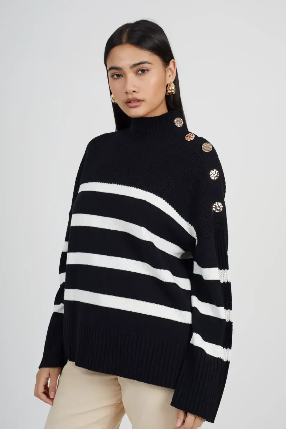 Button Detail Striped Turtleneck Jumper
