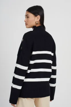 Button Detail Striped Turtleneck Jumper