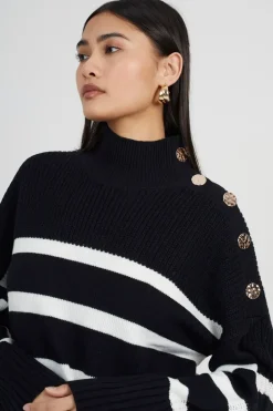 Button Detail Striped Turtleneck Jumper