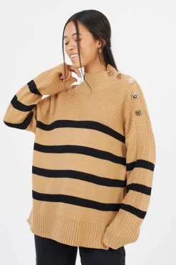 Button Detail Striped Turtleneck Jumper