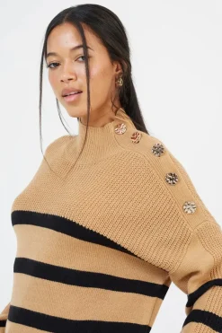Button Detail Striped Turtleneck Jumper