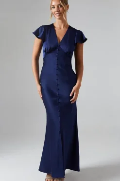 Button Detail V Neck Satin Bridesmaids Midaxi Dress