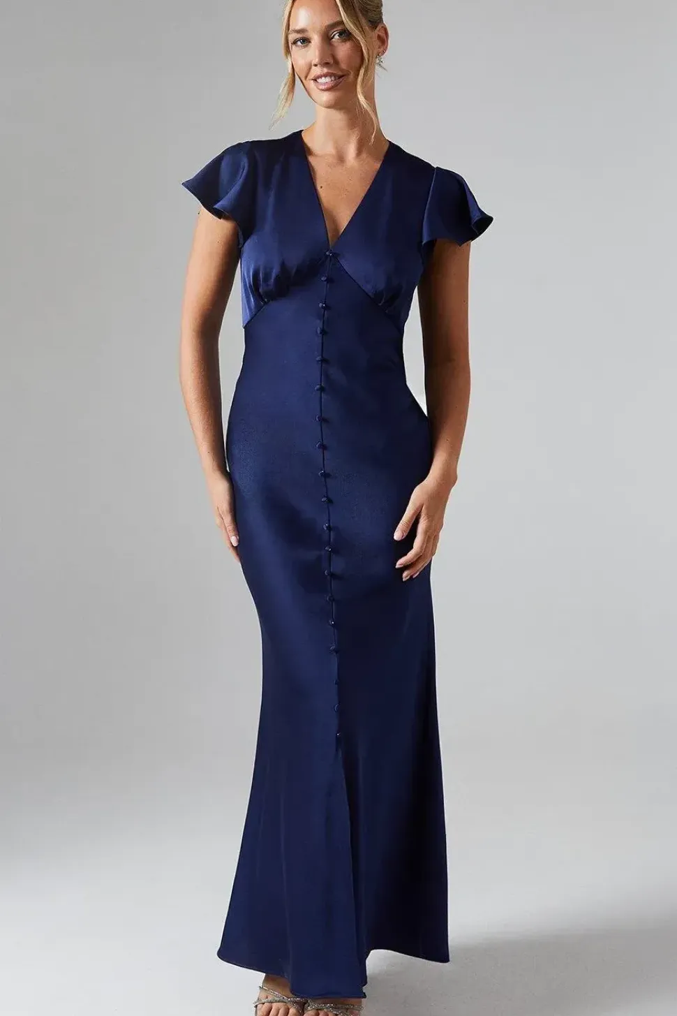 Button Detail V Neck Satin Bridesmaids Midaxi Dress