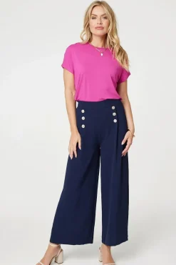 Button Detail Wide Leg Trousers
