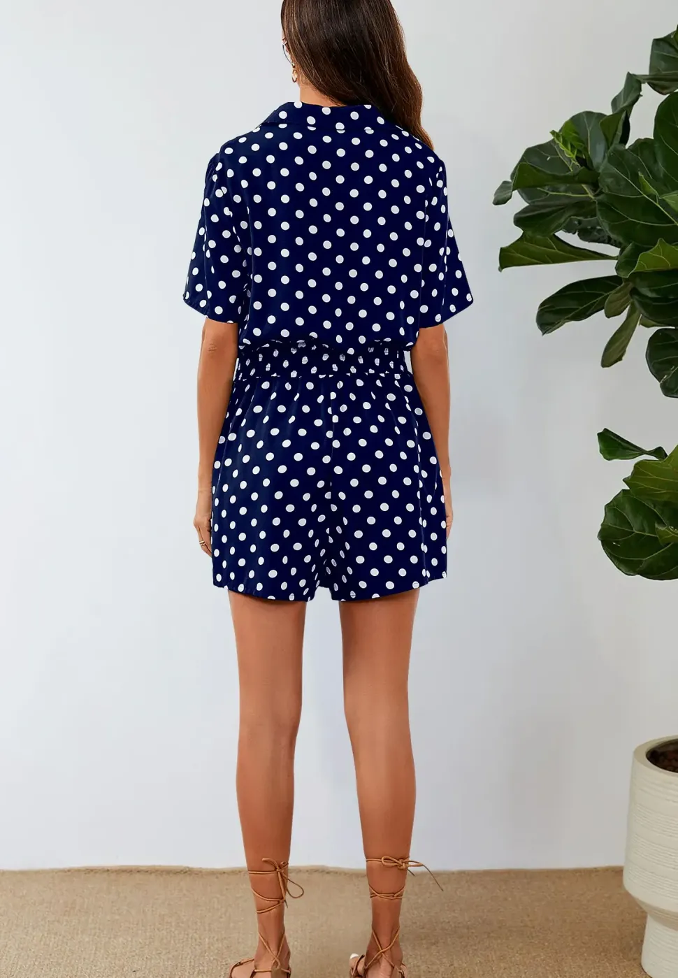 Button Down Playsuit In Navy With White Polka Dot Print