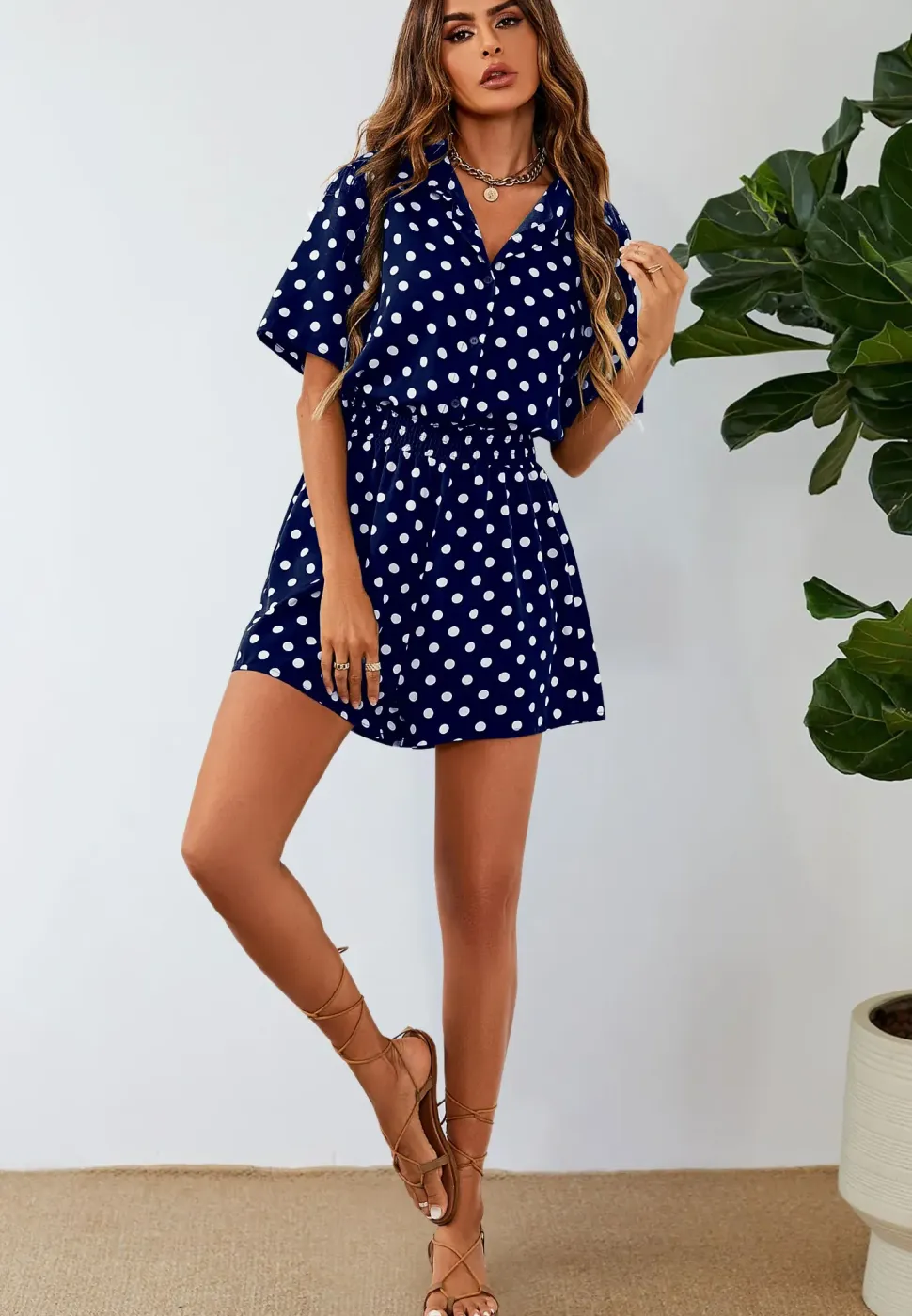 Button Down Playsuit In Navy With White Polka Dot Print