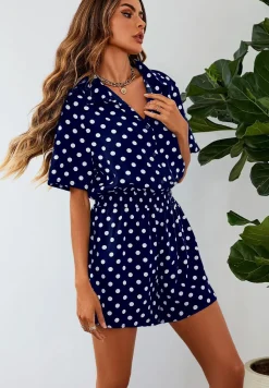 Button Down Playsuit In Navy With White Polka Dot Print