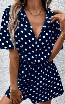 Button Down Playsuit In Navy With White Polka Dot Print
