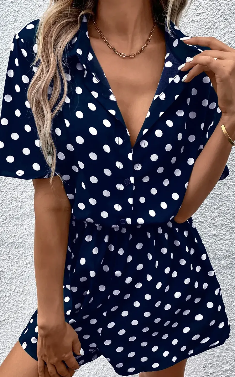Button Down Playsuit In Navy With White Polka Dot Print