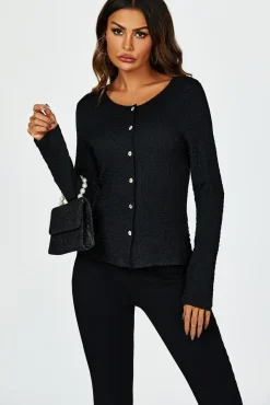 Button Down Ruched Stretch Long Sleeves Top In Black
