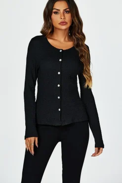 Button Down Ruched Stretch Long Sleeves Top In Black